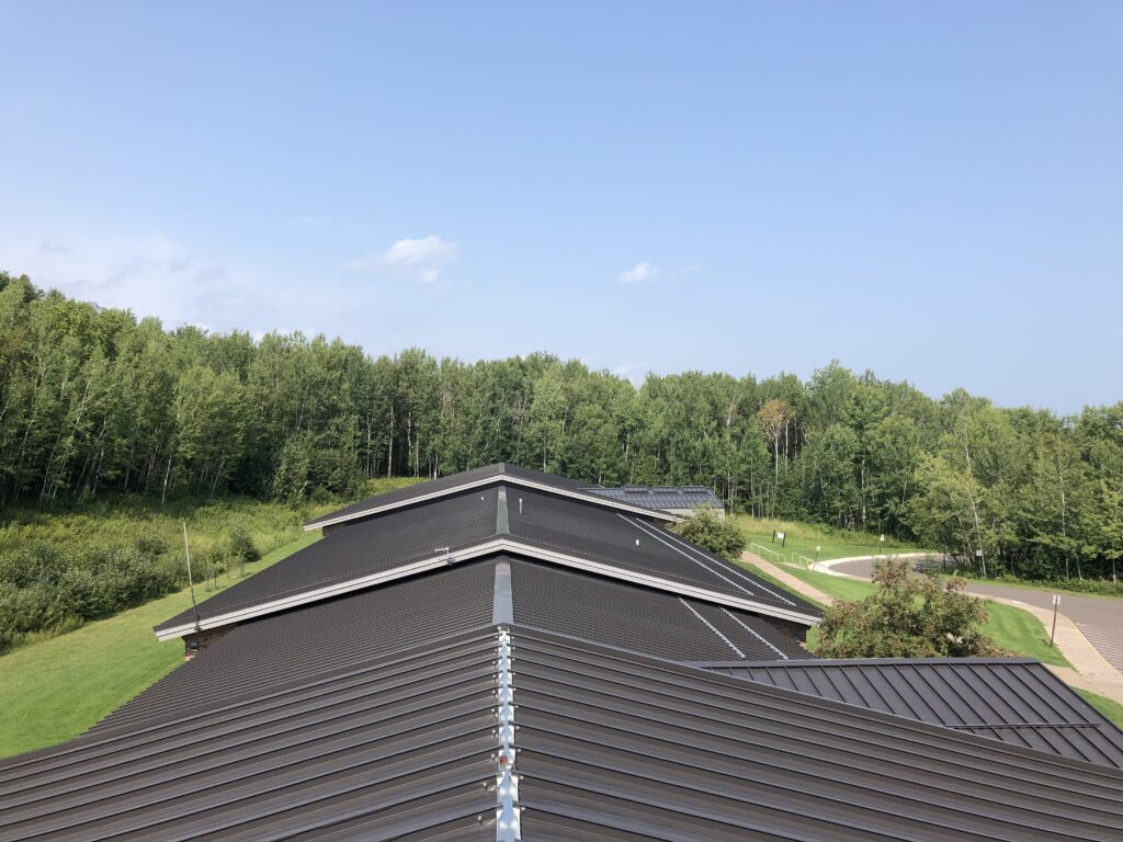 Metal roof surrounded by green trees
