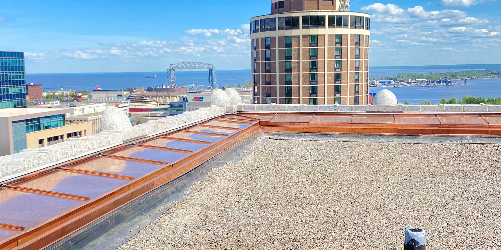 Architectural roof and view of lake superior